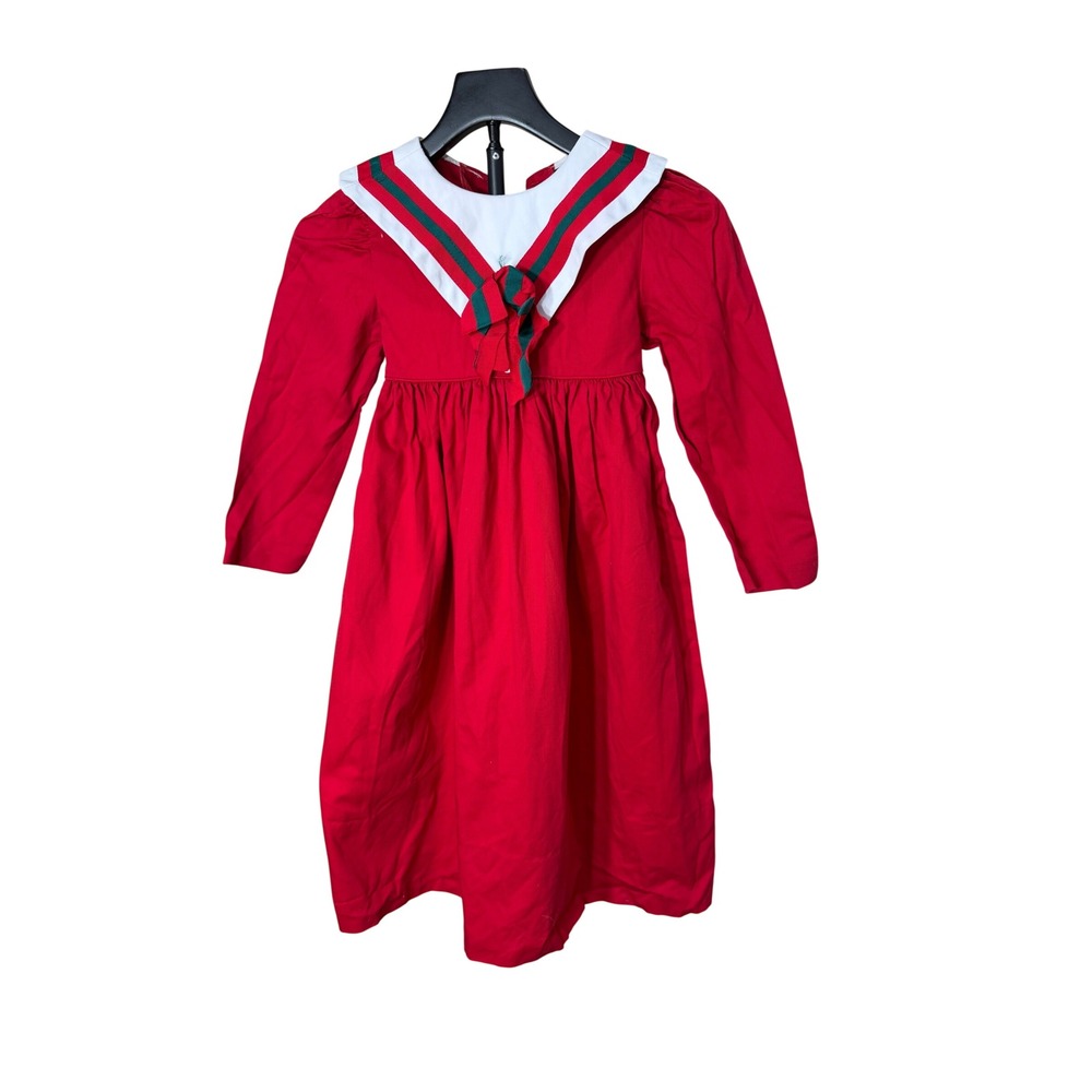 Monday's Child Vintage Girls Red Sailor Dress White Collar Striped Trim Size 6X